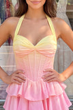 Yellow and Pink Gradient Halter A Line Tiered Corset Homecoming Dress