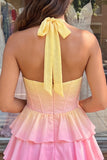 Yellow and Pink Gradient Halter A Line Tiered Corset Homecoming Dress