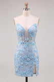 Sky Blue Sequin Embroidered Floral Bodycon Short Homecoming Dress with Slit