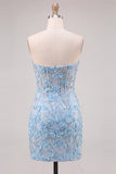 Sky Blue Sequin Embroidered Floral Bodycon Short Homecoming Dress with Slit