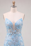 Sky Blue Sequin Embroidered Floral Bodycon Short Homecoming Dress with Slit