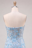 Sky Blue Sequin Embroidered Floral Bodycon Short Homecoming Dress with Slit