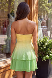 Yellow and Green Strapless Ruched A Line Short Homecoming Dress