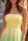 Yellow and Green Strapless Ruched A Line Short Homecoming Dress