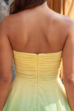 Yellow and Green Strapless Ruched A Line Short Homecoming Dress