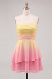 Yellow and Green Strapless Ruched A Line Short Homecoming Dress