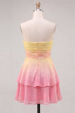 Yellow and Green Strapless Ruched A Line Short Homecoming Dress