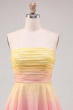 Yellow and Green Strapless Ruched A Line Short Homecoming Dress