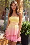 Yellow and Green Strapless Ruched A Line Short Homecoming Dress