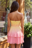 Yellow and Green Strapless Ruched A Line Short Homecoming Dress