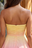Yellow and Green Strapless Ruched A Line Short Homecoming Dress
