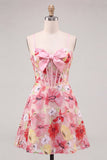 Pink Floral Applique A Line Corset Short Homecoming Dress with Bow
