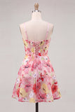 Pink Floral Applique A Line Corset Short Homecoming Dress with Bow