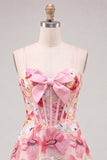 Pink Floral Applique A Line Corset Short Homecoming Dress with Bow
