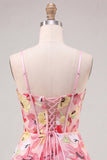 Pink Floral Applique A Line Corset Short Homecoming Dress with Bow