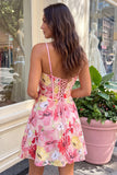 Pink Floral Applique A Line Corset Short Homecoming Dress with Bow