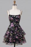 Black Floral Embroidered Sequin A Line Homecoming Dress