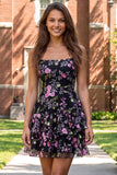 Black Floral Embroidered Sequin A Line Homecoming Dress