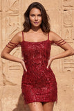 Burgundy Sequin Cold Shoulder Bodycon Short Homecoming Dress with Fringes