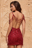 Burgundy Sequin Cold Shoulder Bodycon Short Homecoming Dress with Fringes