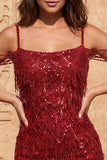 Burgundy Sequin Cold Shoulder Bodycon Short Homecoming Dress with Fringes