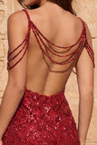 Burgundy Sequin Cold Shoulder Bodycon Short Homecoming Dress with Fringes