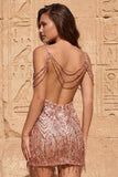Burgundy Sequin Cold Shoulder Bodycon Short Homecoming Dress with Fringes