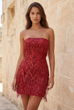 Gold Strapless Bodycon Fringed Short Homecoming Dress with Sequins