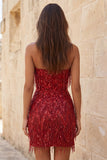 Gold Strapless Bodycon Fringed Short Homecoming Dress with Sequins