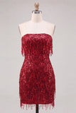 Gold Strapless Bodycon Fringed Short Homecoming Dress with Sequins