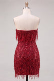 Gold Strapless Bodycon Fringed Short Homecoming Dress with Sequins