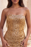 Gold Strapless Bodycon Fringed Short Homecoming Dress with Sequins