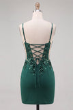 Dark Green Corset Bodycon Applique Short Homecoming Dress with Lace-up Back