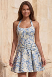 Halter A Line Corset Jacquard Floral Red Homecoming Dress