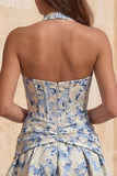 Halter A Line Corset Jacquard Floral Red Homecoming Dress