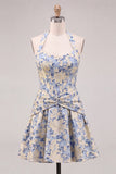 Halter A Line Corset Jacquard Floral Red Homecoming Dress