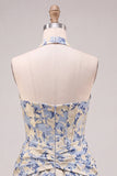 Halter A Line Corset Jacquard Floral Red Homecoming Dress