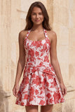 Halter A Line Corset Jacquard Floral Red Homecoming Dress