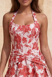 Halter A Line Corset Jacquard Floral Red Homecoming Dress