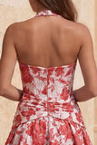 Halter A Line Corset Jacquard Floral Red Homecoming Dress