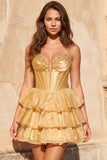 Pink A Line Tiered Corset Beaded Short Homecoming Dress with Lace-up Back