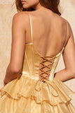 Pink A Line Tiered Corset Beaded Short Homecoming Dress with Lace-up Back