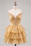 Pink A Line Tiered Corset Beaded Short Homecoming Dress with Lace-up Back