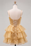 Pink A Line Tiered Corset Beaded Short Homecoming Dress with Lace-up Back