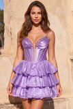 Pink A Line Tiered Corset Beaded Short Homecoming Dress with Lace-up Back