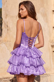 Pink A Line Tiered Corset Beaded Short Homecoming Dress with Lace-up Back