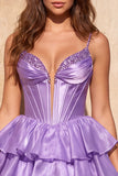 Pink A Line Tiered Corset Beaded Short Homecoming Dress with Lace-up Back