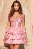 Pink A Line Tiered Corset Beaded Short Homecoming Dress with Lace-up Back