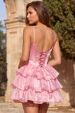 Pink A Line Tiered Corset Beaded Short Homecoming Dress with Lace-up Back