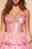 Pink A Line Tiered Corset Beaded Short Homecoming Dress with Lace-up Back